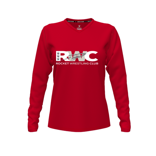 [CUS-DFW-TEES-PER-VNK-LSL-RED-FYXS-LOGO3] Performance T-Shirt (Female Youth XS, Red, V Neck, Logo 3, Long Sleeve)
